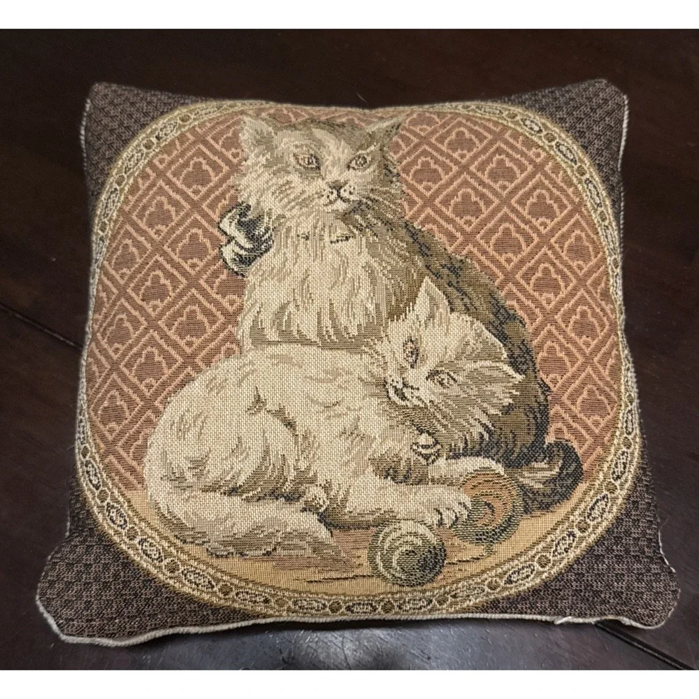 Vintage Handmade Decorative Throw Pillow Persian Cats Playing 9